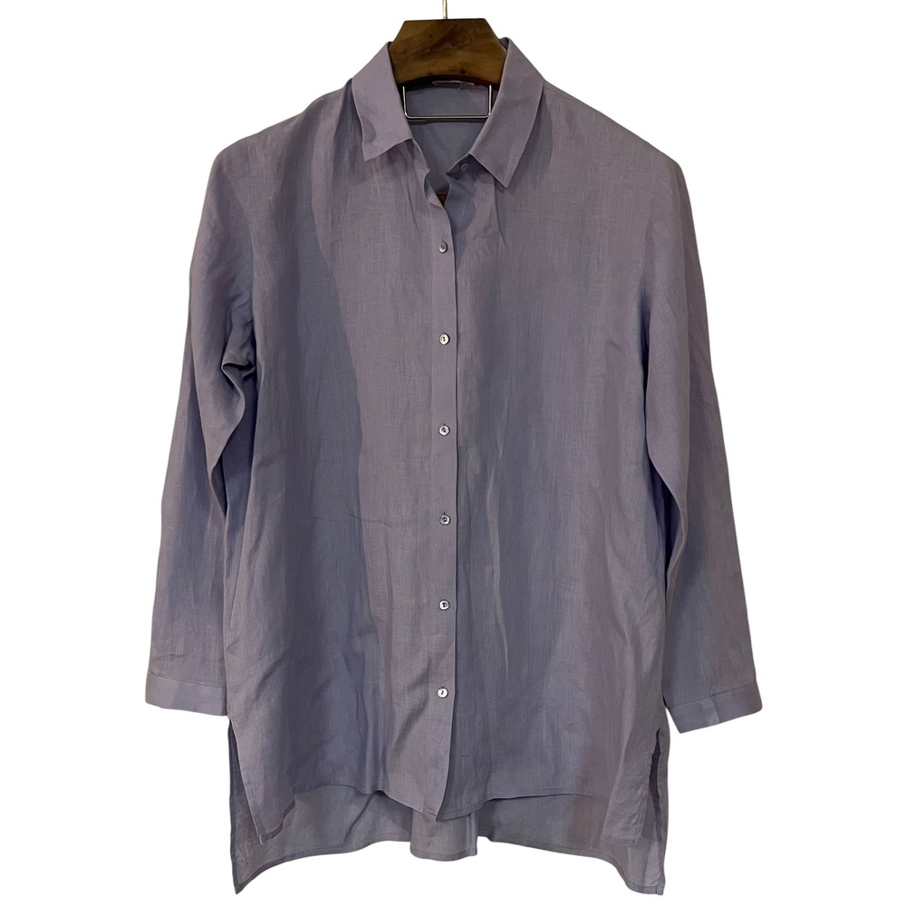 Eileen Fisher Blue Handkerchief Organic Linen Button Down Shirt Tunic Coastal L